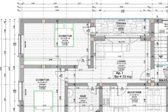 Apartament 72mp, semifinisat, cu 3 camere, balcon 7 mp, Apah