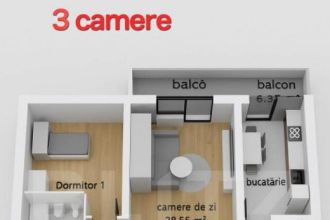 Apartament 3 camere , 2 baii, bloc nou