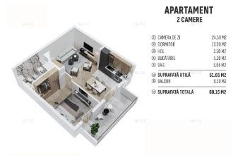 Apartament de 2 camere finisat, 51 mp, cartier rezidential nou!
