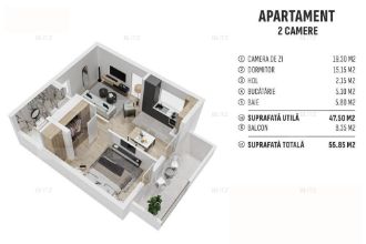 Apartament de 2 camere finisat, 55 mp, cartier rezidential nou!