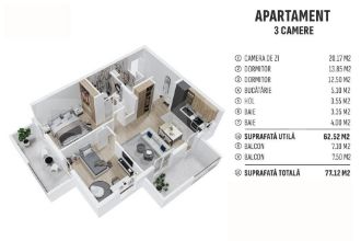 Apartament cu 3 camere decomandat in Centura
