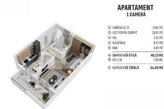 Apartament 1 camera, 46 mp, finisat, cartier nou rezidential!