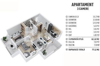 Apartament de 3 camere finisat, 62mp utili, cartier rezidential nou!