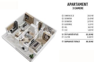 Apartament de 3 camere finisat, 65mp utili, cartier rezidential nou!